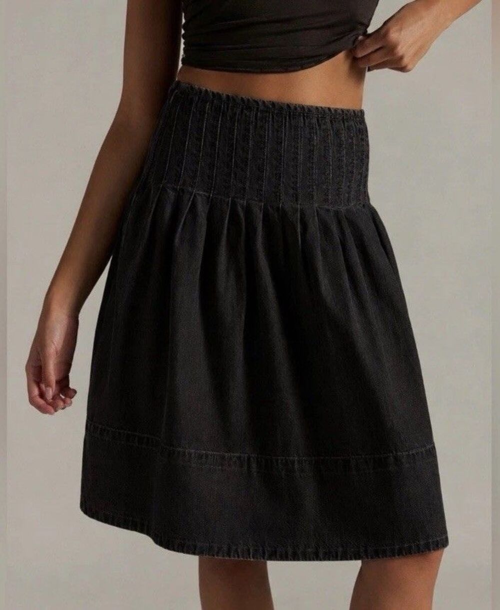 NWT Free People Peyton Pintuck Midi Skirt in Washed Black Size 6